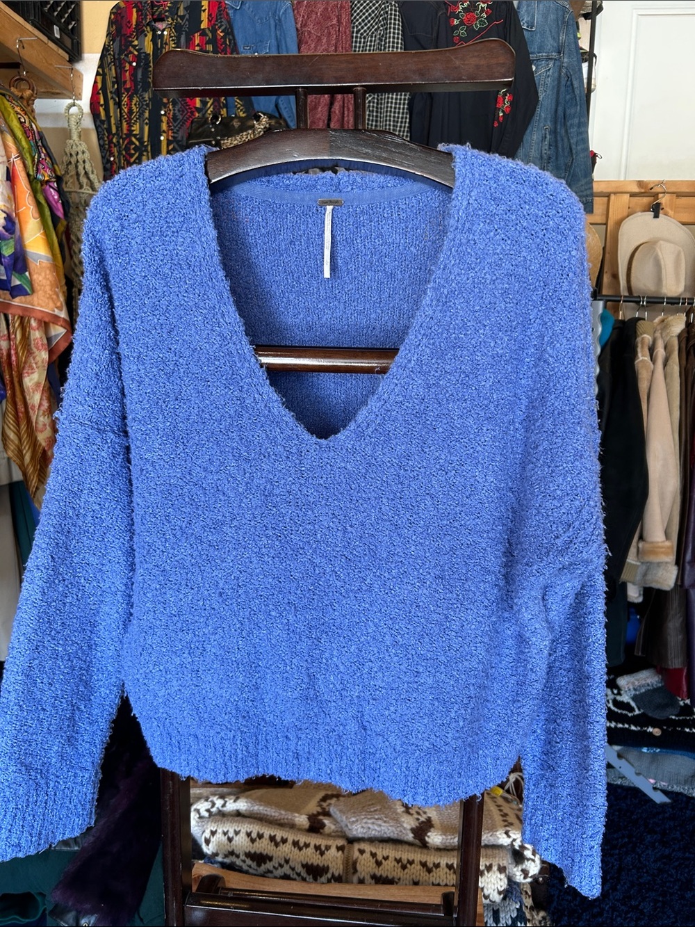 Free People Textured V-Neck Sweater - Blue